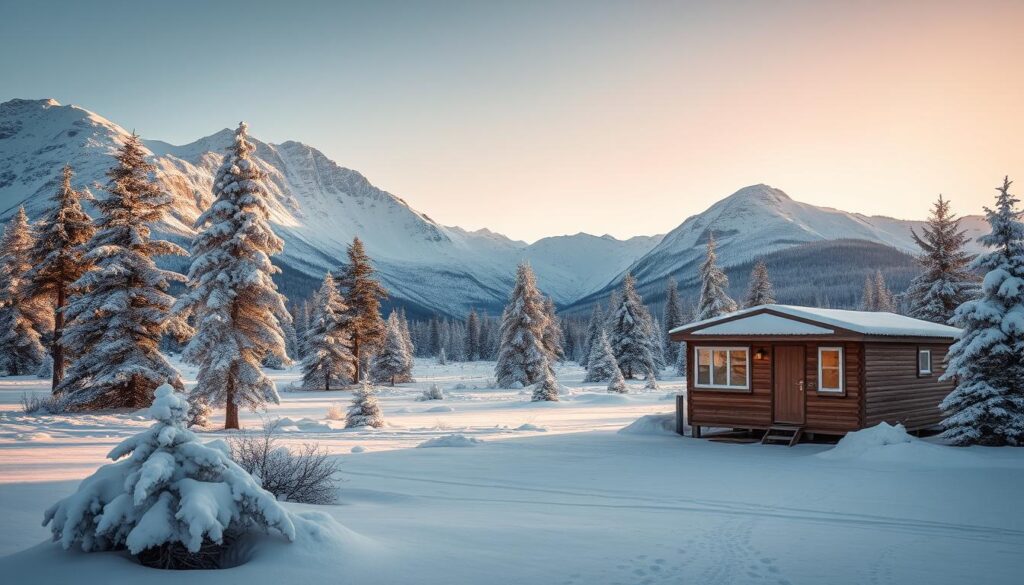 Winterliche Landschaft mit fahrbarem Haus in Norwegen